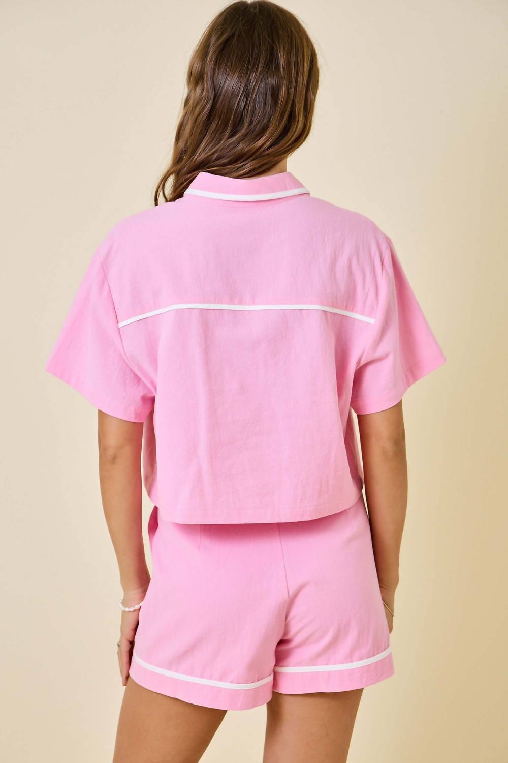 Day + Moon - Jennifer Contrast Binding Button Down Top & Shorts Set
