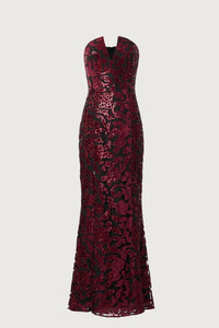 DRESS THE POPULATION Fernanda Floral Sequin Strapless Gown in black burgundy - women's dress - view 4
