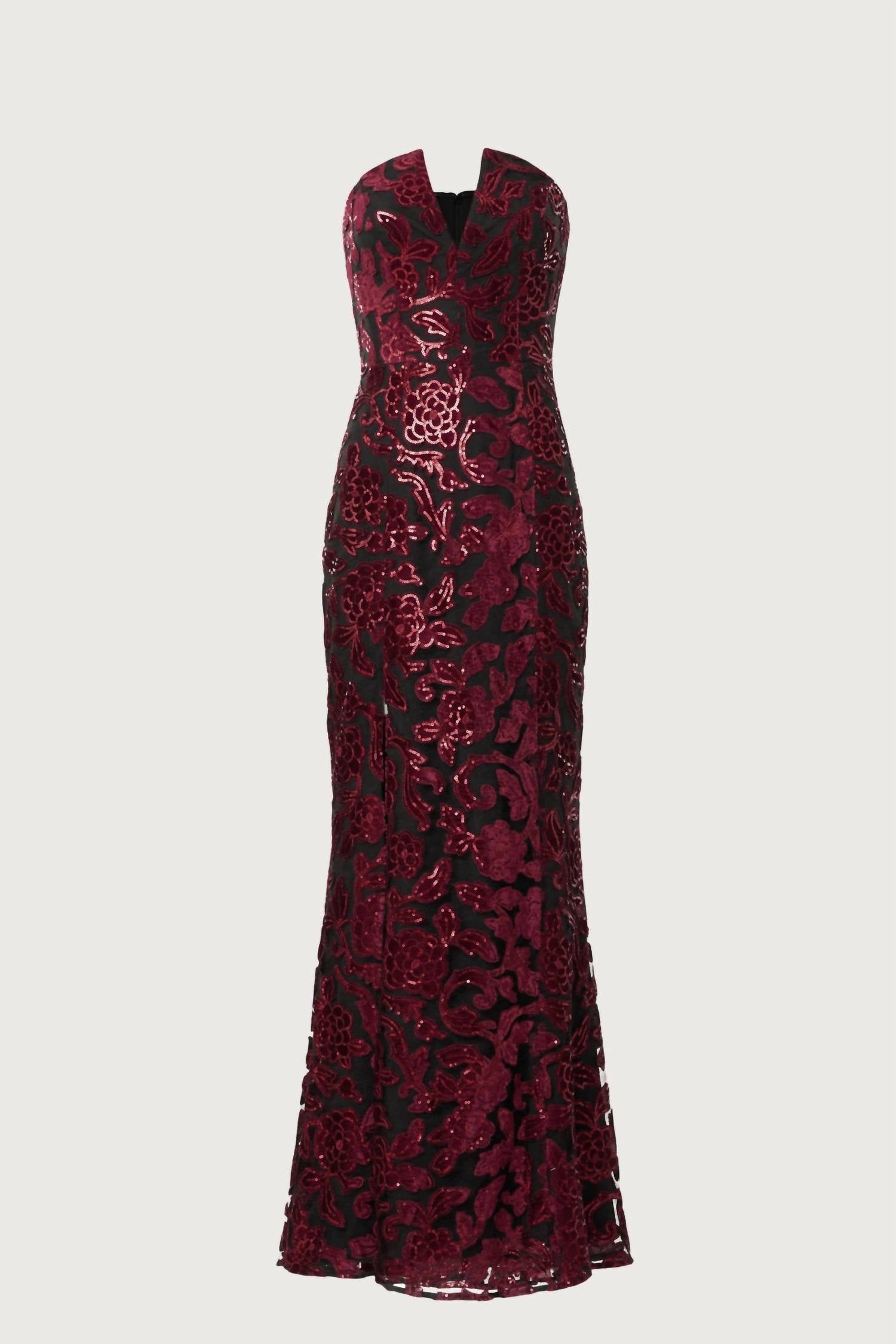 DRESS THE POPULATION Fernanda Floral Sequin Strapless Gown in black burgundy - women's dress - view 4
