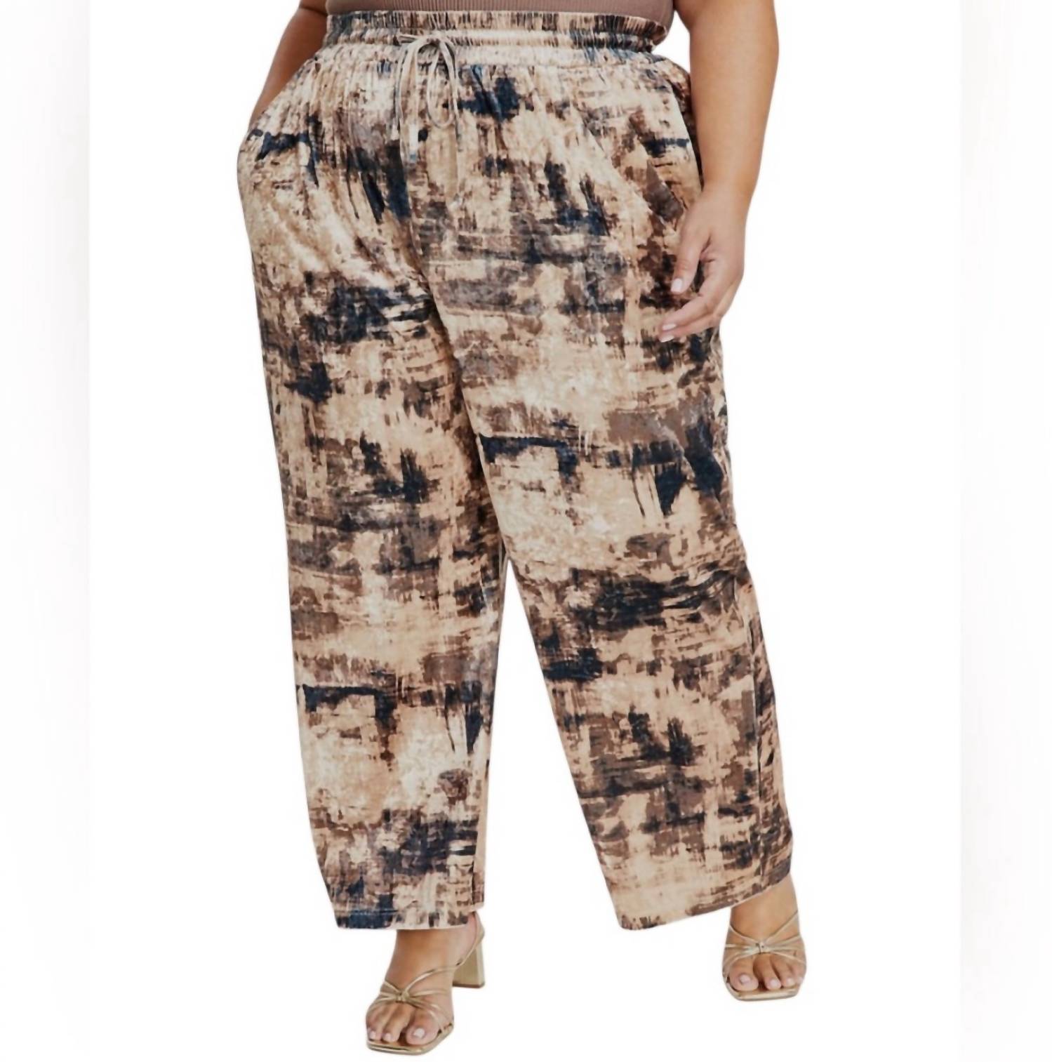 Nina Parker Women's Abstract Print Velvet Drawstring Pants in beige - women's pants