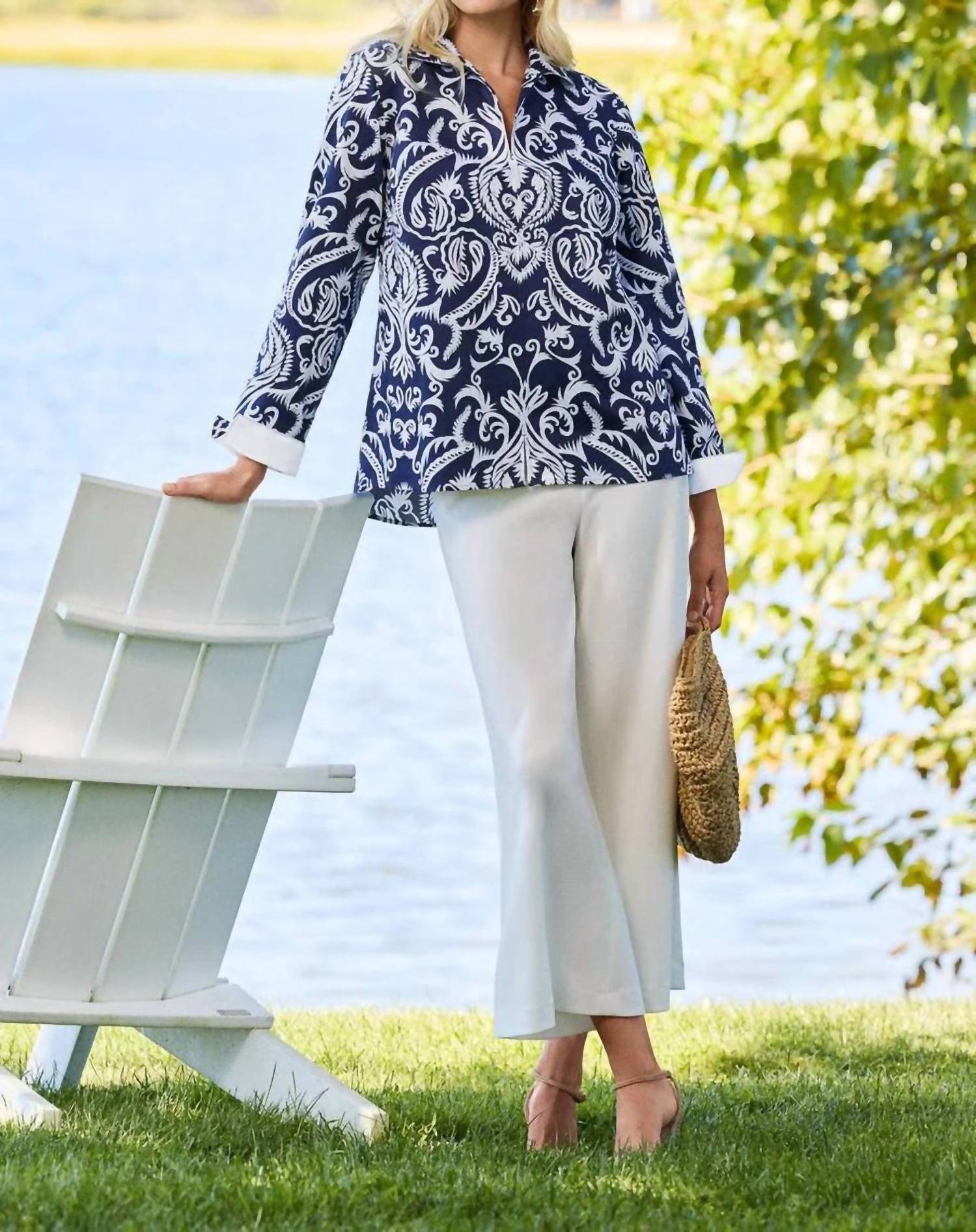 Foxcroft Agnes Printed Damask Long Sleeve Shirt in blue - women's shirt - view 4