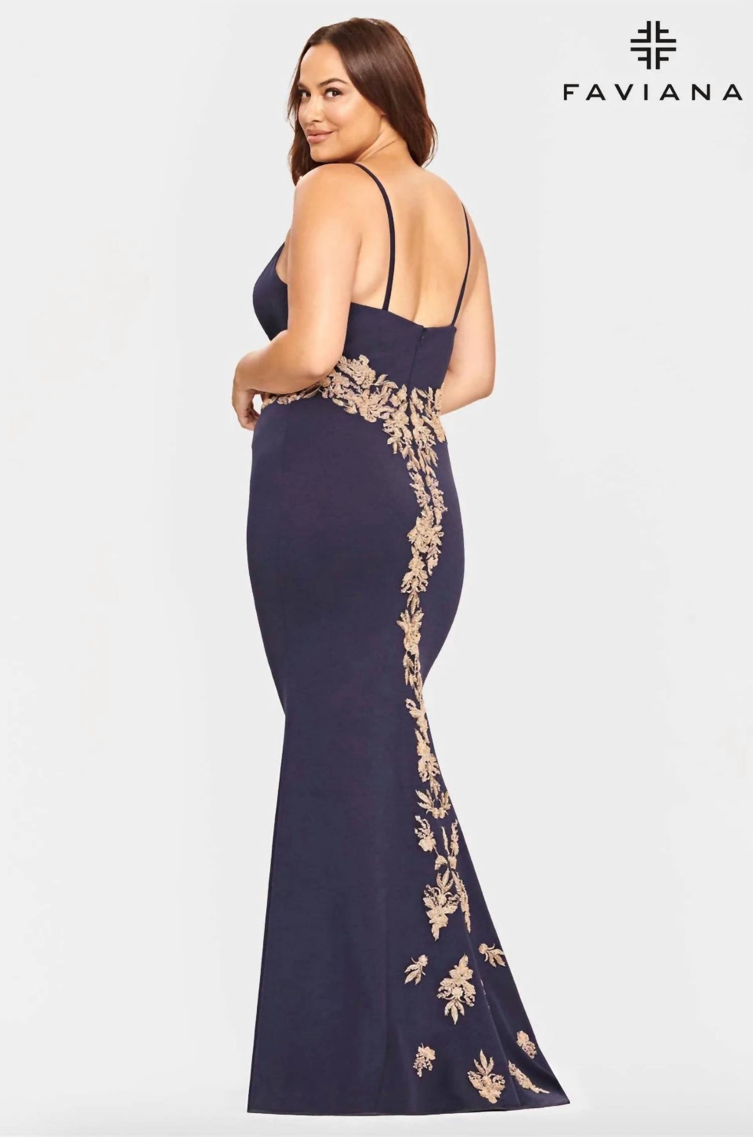 FAVIANA Beaded Applique Jersey Gown in navy gold - women's dress - alternate view