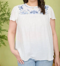 Blu Pepper - Floral Embroidery Flounce Sleeve Top