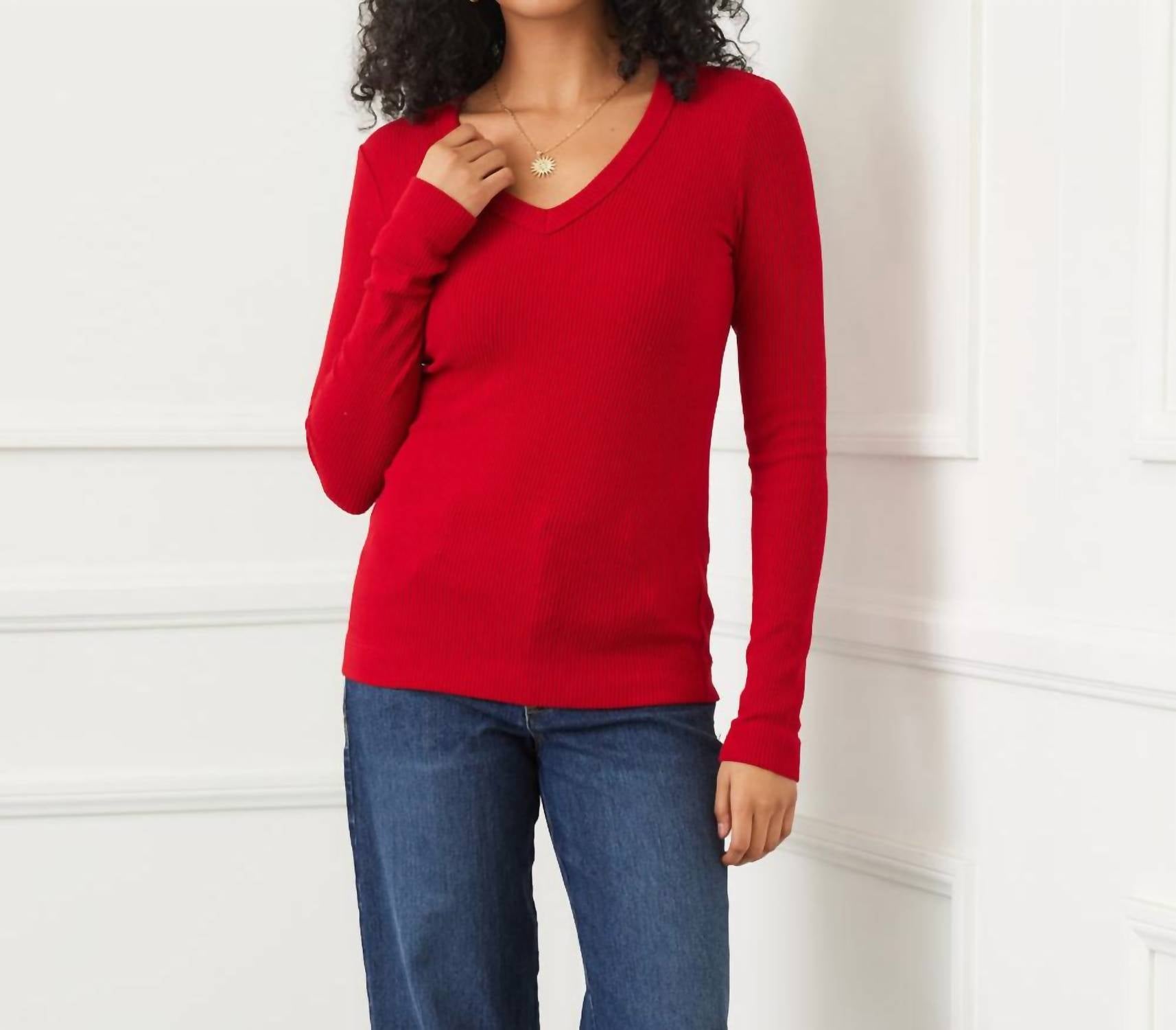 Karen Kane Long Sleeve Ribbed V-Neck Top in red - women's long sleeve top - view 4