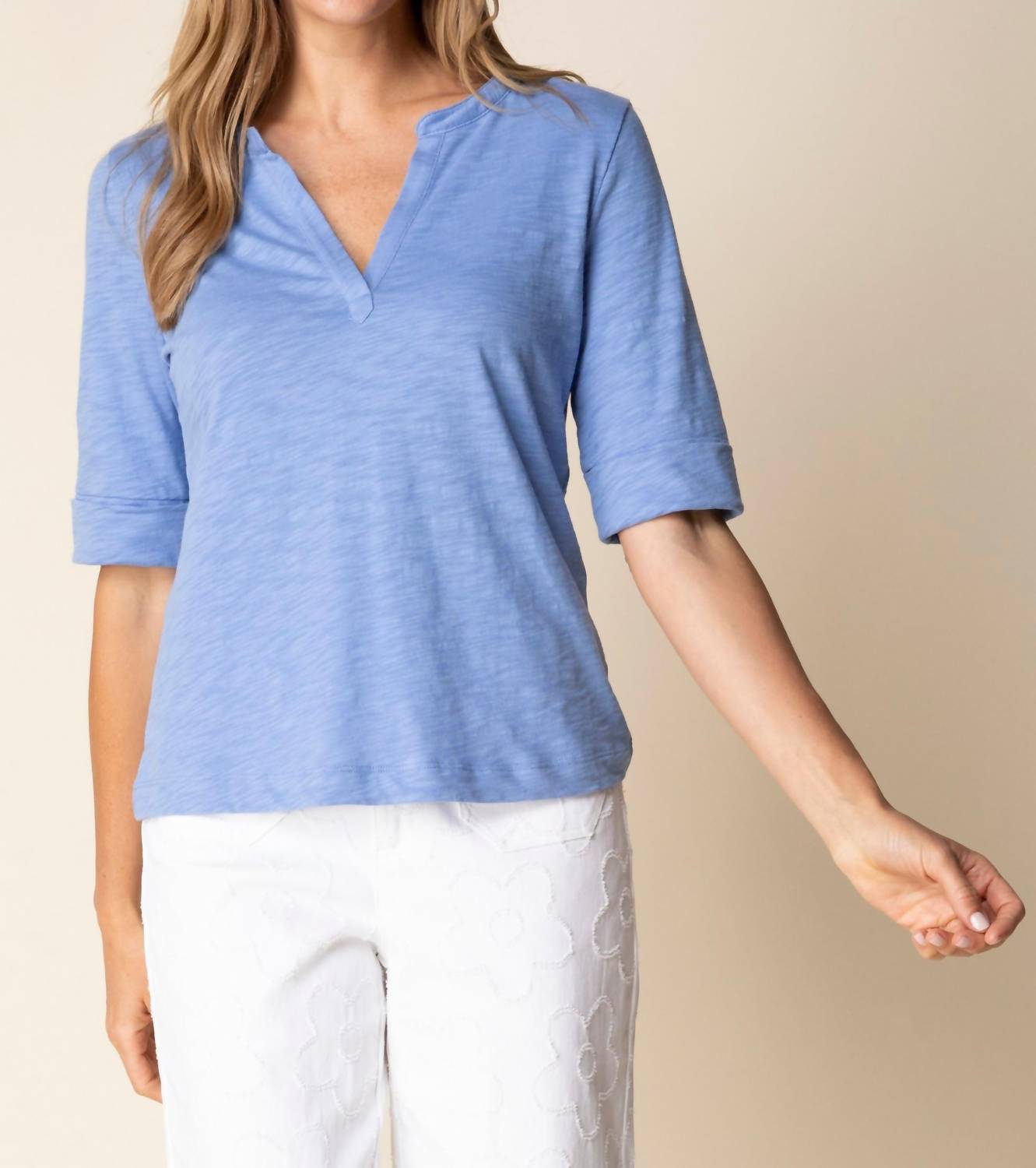 habitat Split Neck Elbow Sleeve Tee in sky - women's blouse - detail view