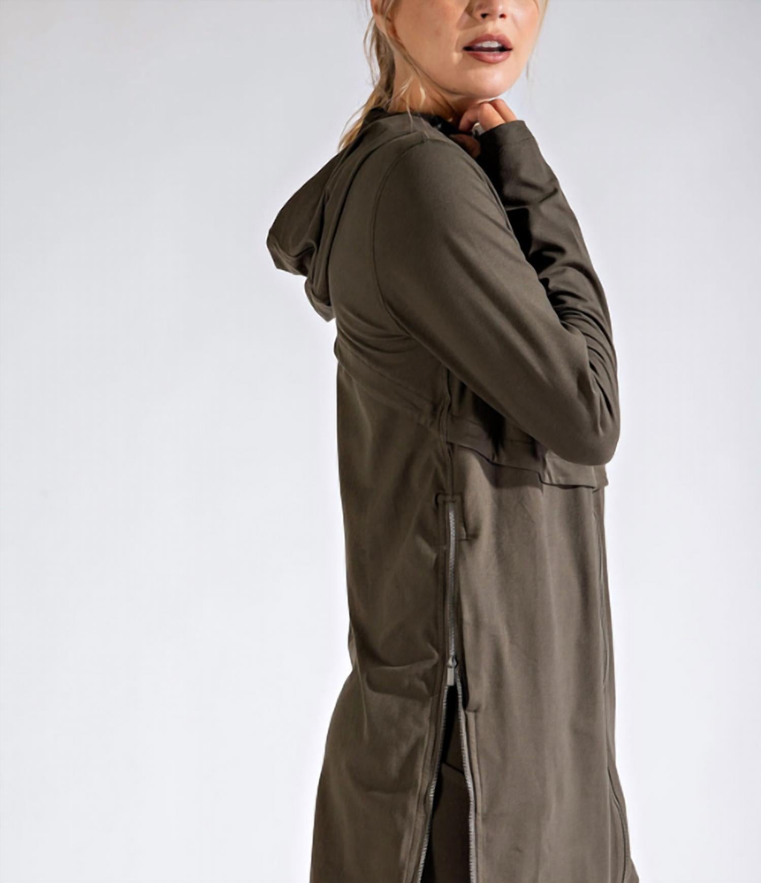 RAE MODE Long Hooded Active Jacket - Plus Size in olive - women's jacket - detail view