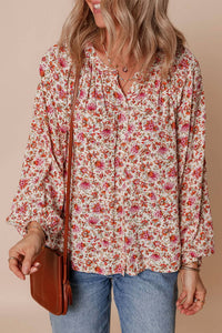 Shewin - Floral Print Pleated Detail Notched Neck Puff Sleeve Blouse