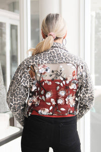 Carole Christian Denim Jacket With Sequin Floral Mesh Back in leopard - women's jacket - detail view