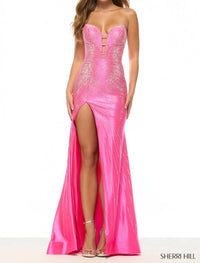 Sherri Hill - Plunging Neck High Slit Beaded Dress