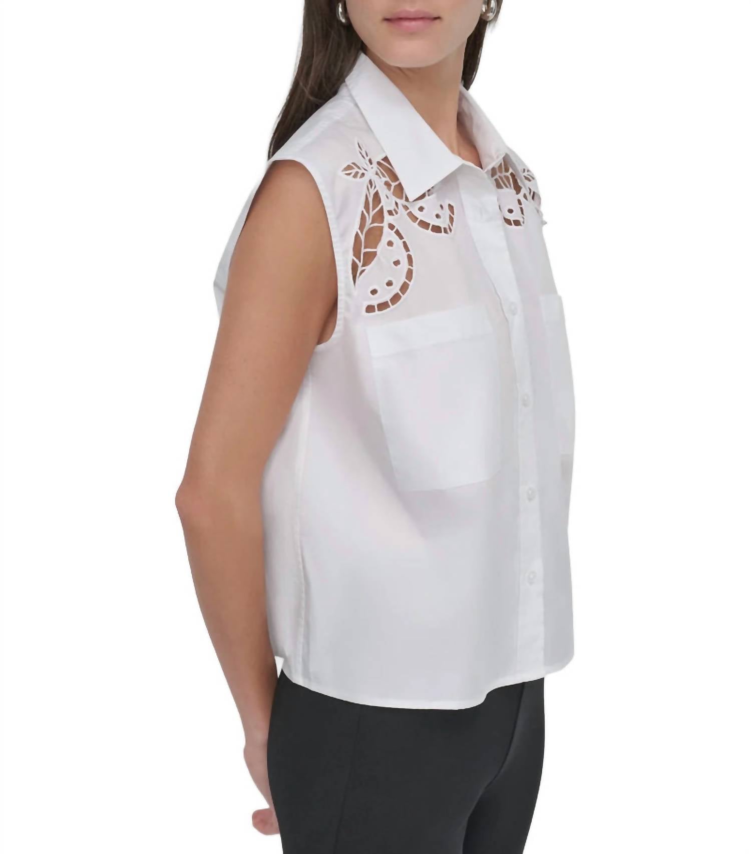 DKNY Cotton Sleeveless Shirt in white - women's tank top - detail view