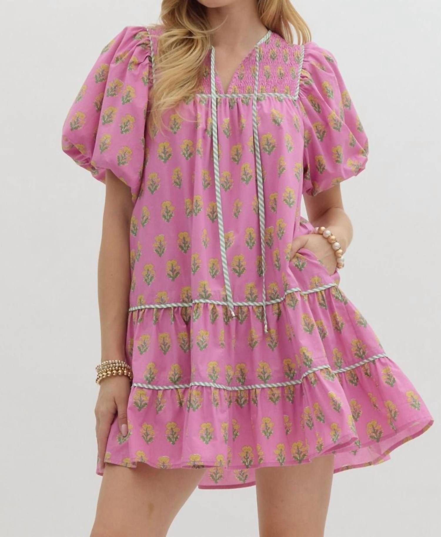 Entro - Floral Print Split Neck Dress