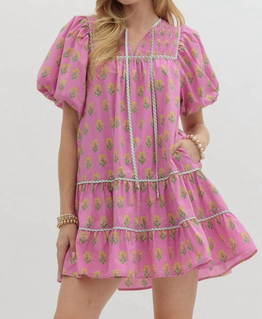 Entro - Floral Print Split Neck Dress