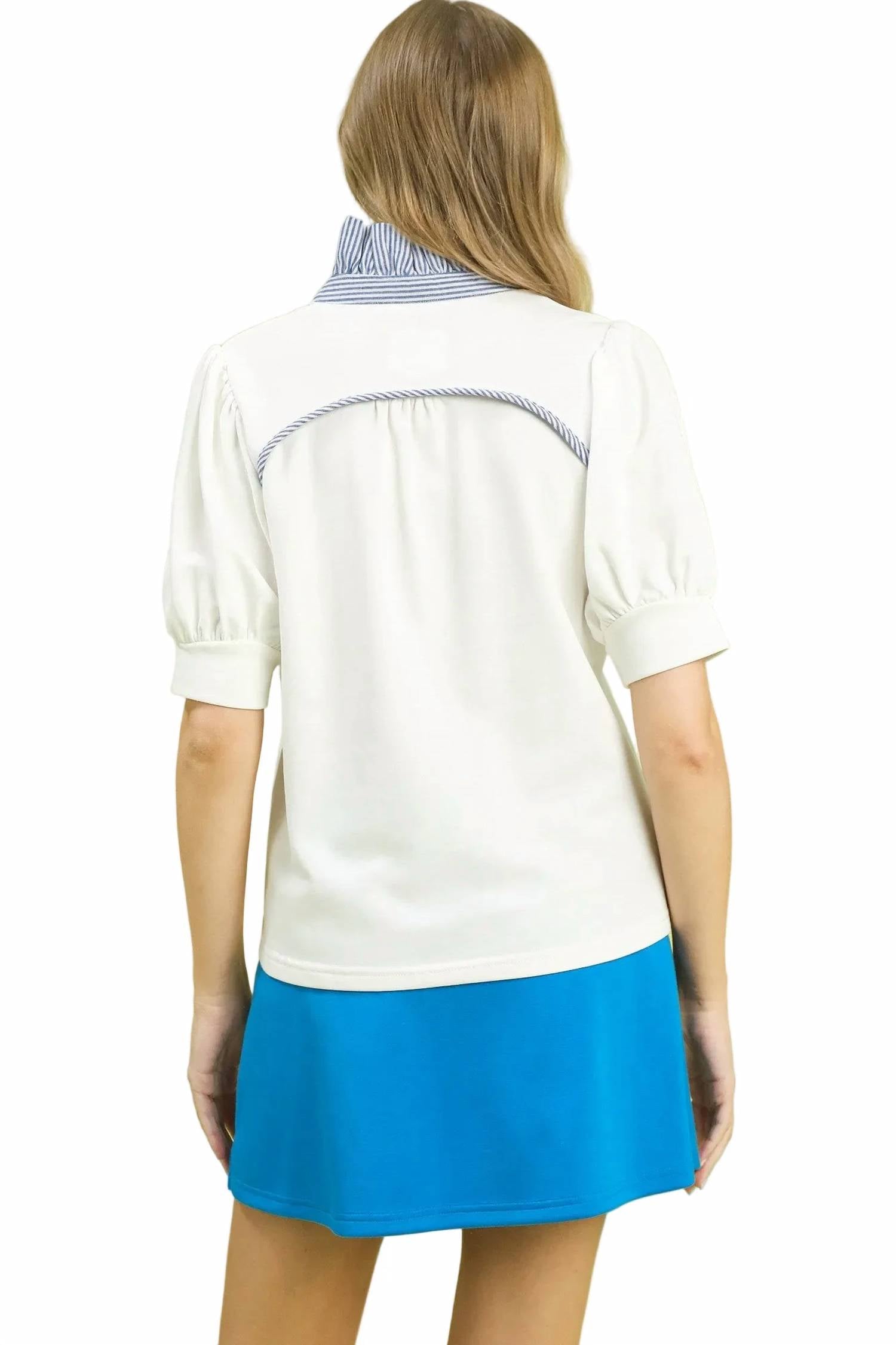 Umgee - Puff Sleeve Contrast Collar Knit Top