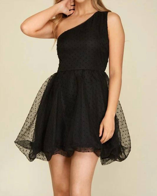 She + Sky - One Shoulder Polka Dot Organza Mini Dress