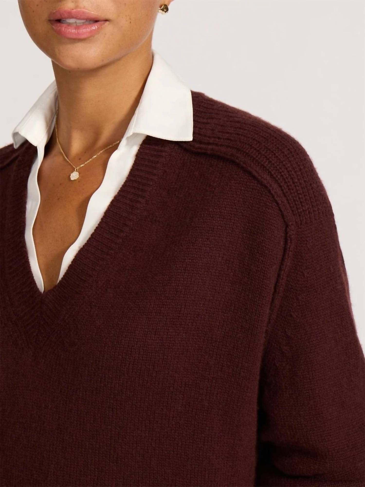 Brochu Walker V-Neck Layered Pullover Sweater in cordovan - women's sweater - view 4