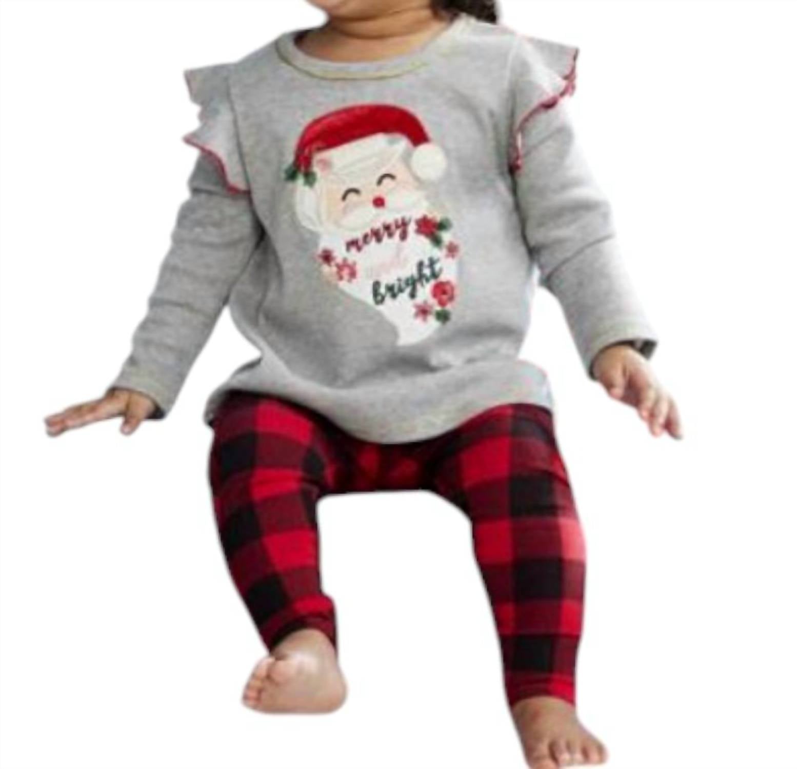 Mudpie - Girl's Santa Floral Tunic & Check Legging Set