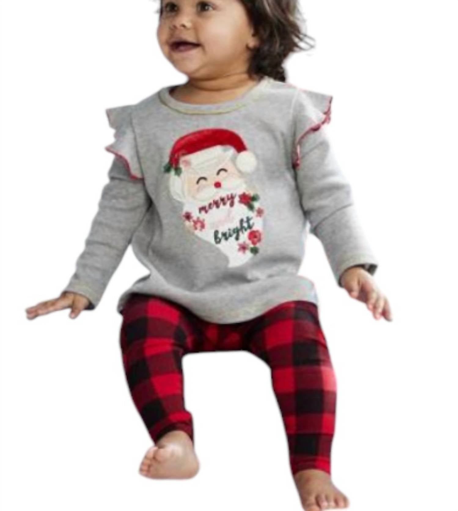Mudpie - Girl's Santa Floral Tunic & Check Legging Set