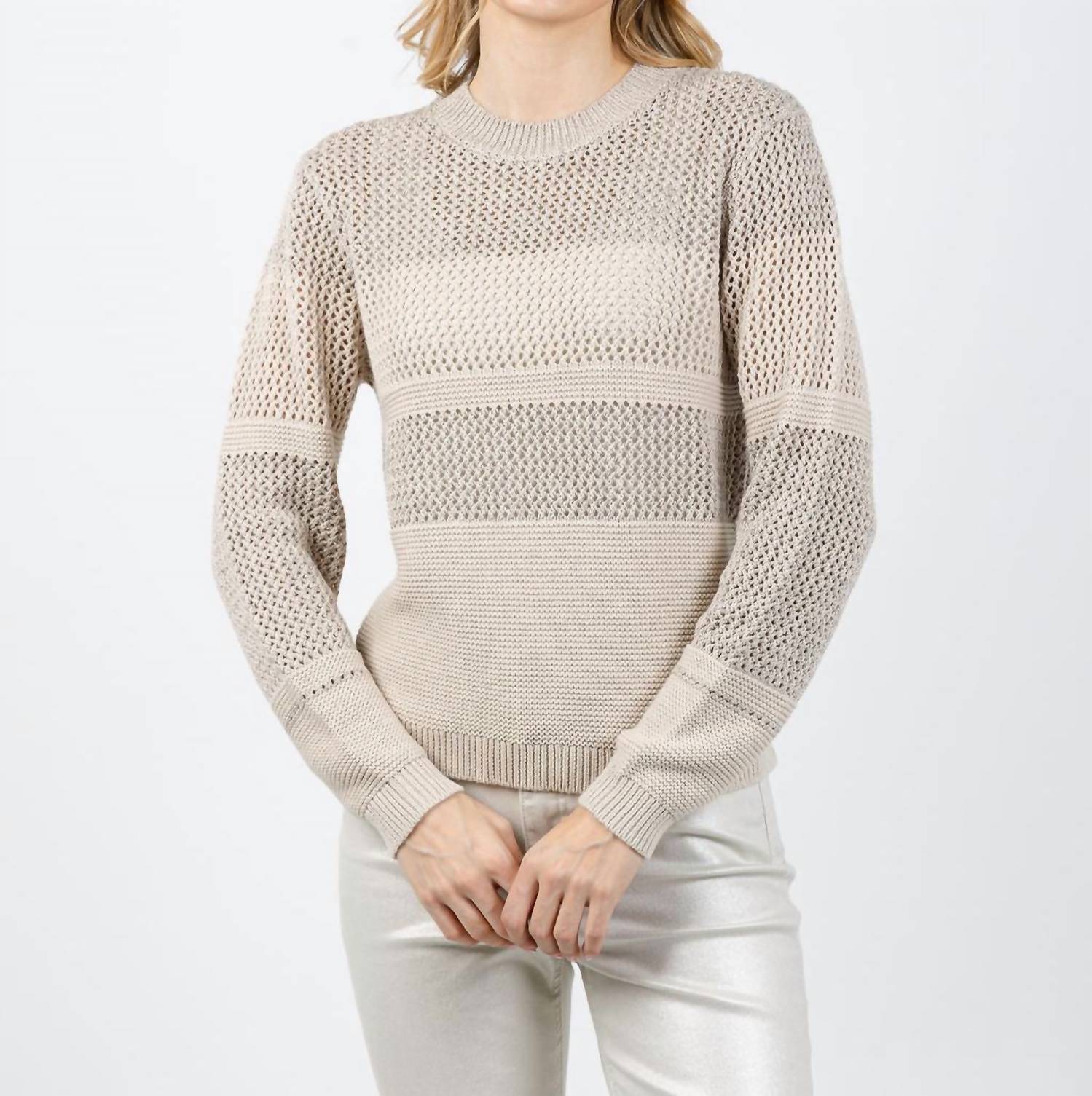 Kinross Mixed Stitch Lurex Crew Sweater in dune - women's sweater