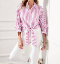 Karen Kane Frankie Stripe Tie-front Top in fuchsia - women's blouse