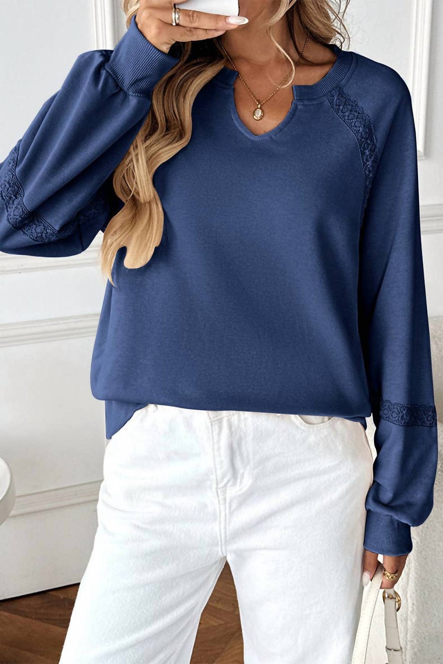 Anna-Kaci - Lace Trim Long Sleeve Knit Sweatshirt