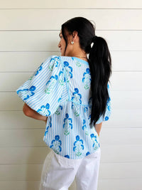 Faire - Striped Floral Bubble Sleeve Blouse