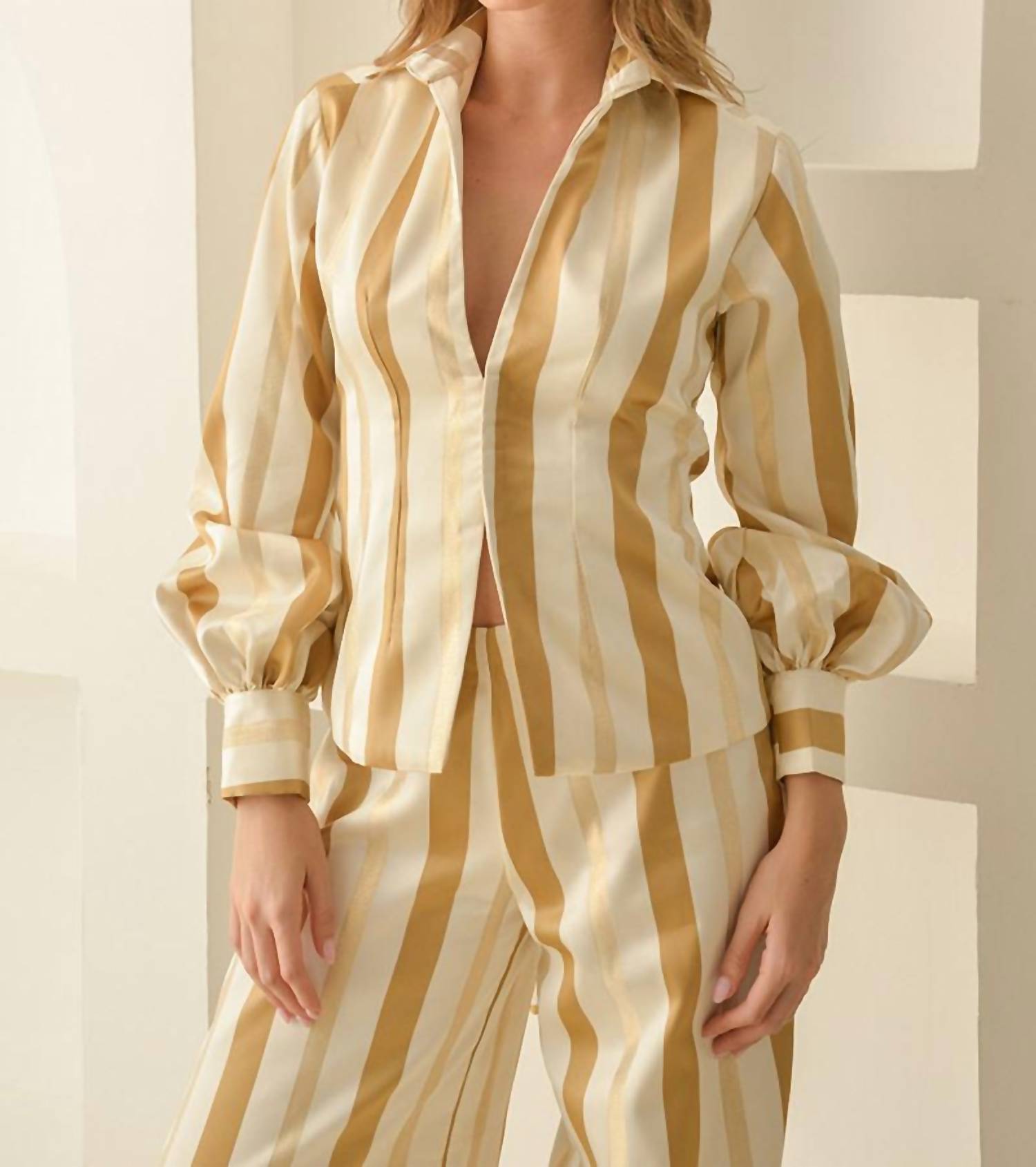 SANDY LIANG Regina Stripes Suit Set in bronze - women's sleepwear - detail view