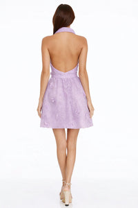 DRESS THE POPULATION Lace 3d Appliqué Halter Mini Dress in lavender - women's dress - detail view
