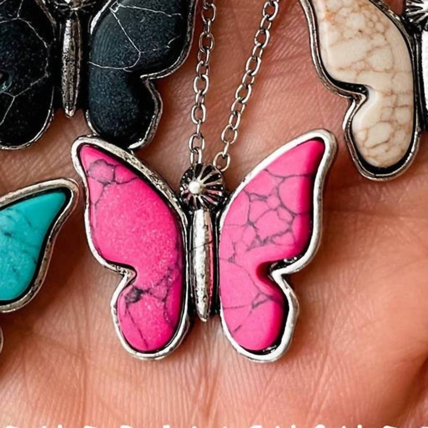 Boho Ranch Butterfly Stone Pendant Choker Necklace in silver fuchsia - women's jewelry