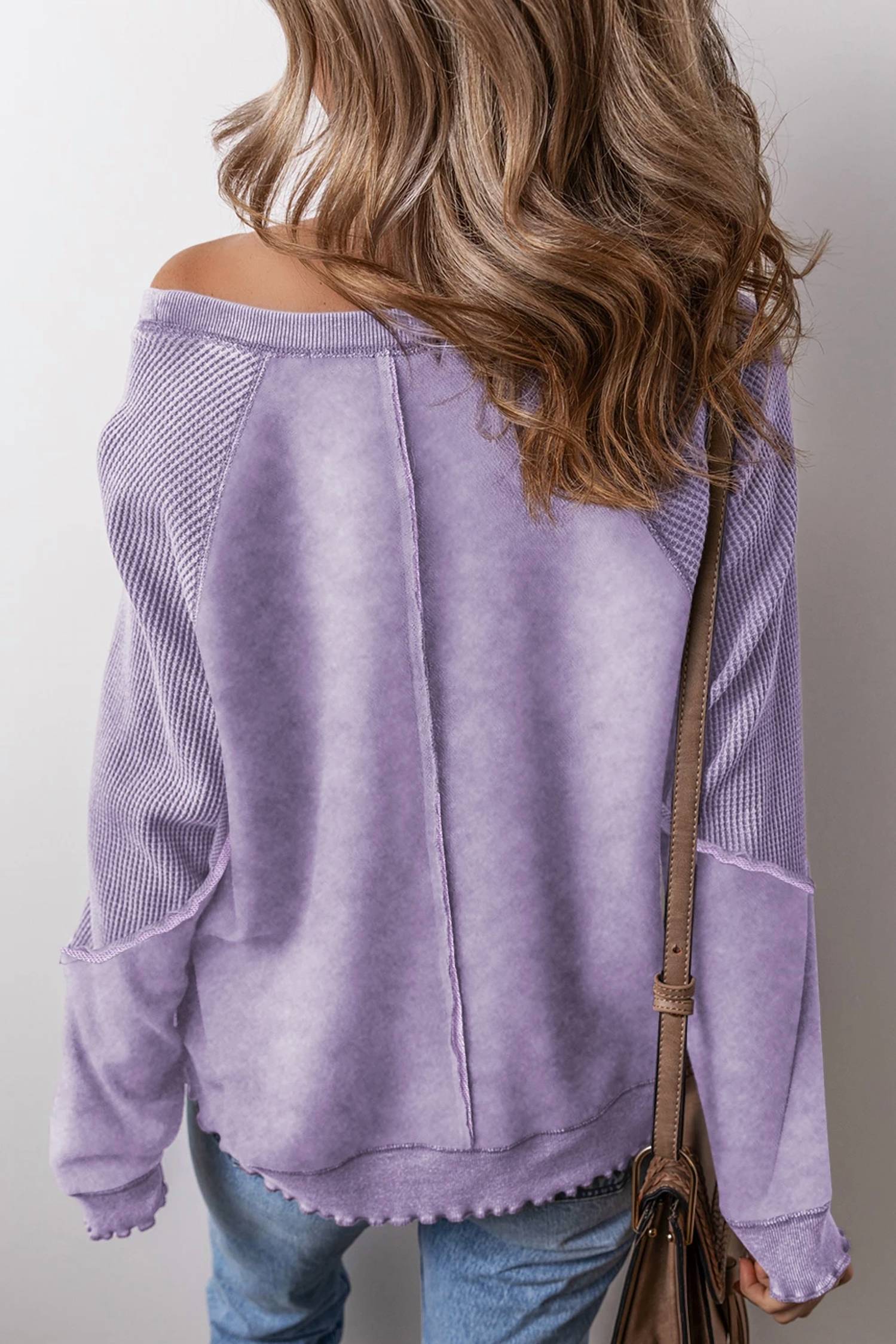 Shewin - Waffle Patchwork Raglan Sleeve Exposed Seam Sweatshirt