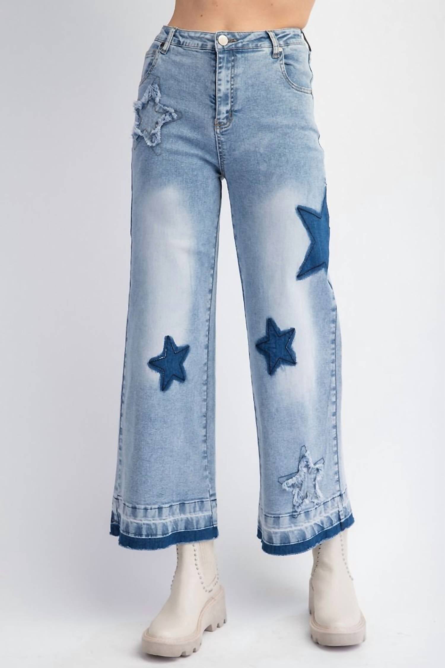 Easel Washed Star Patch Denim in blue - women's jeans