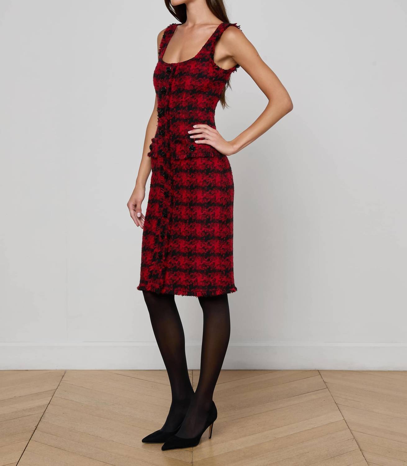 L'Agence Aya Tweed Midi Dress in red black houndstooth - women's dress - detail view
