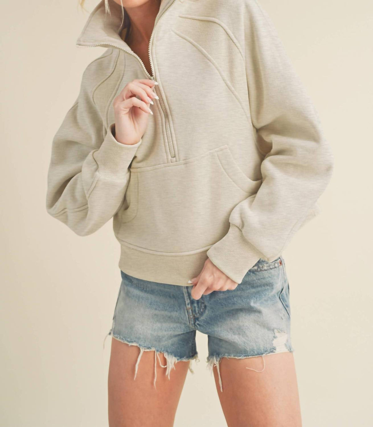 Aemi + Co - Dove Funnel Neck Half Zip Sweatshirt