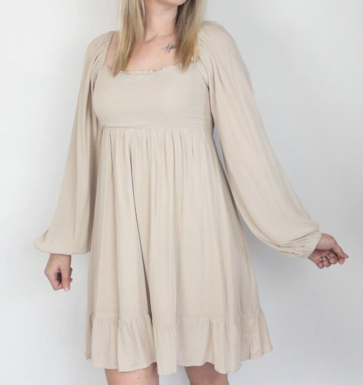 Aemi + Co - Textured Square Neck Puff Sleeve Dress