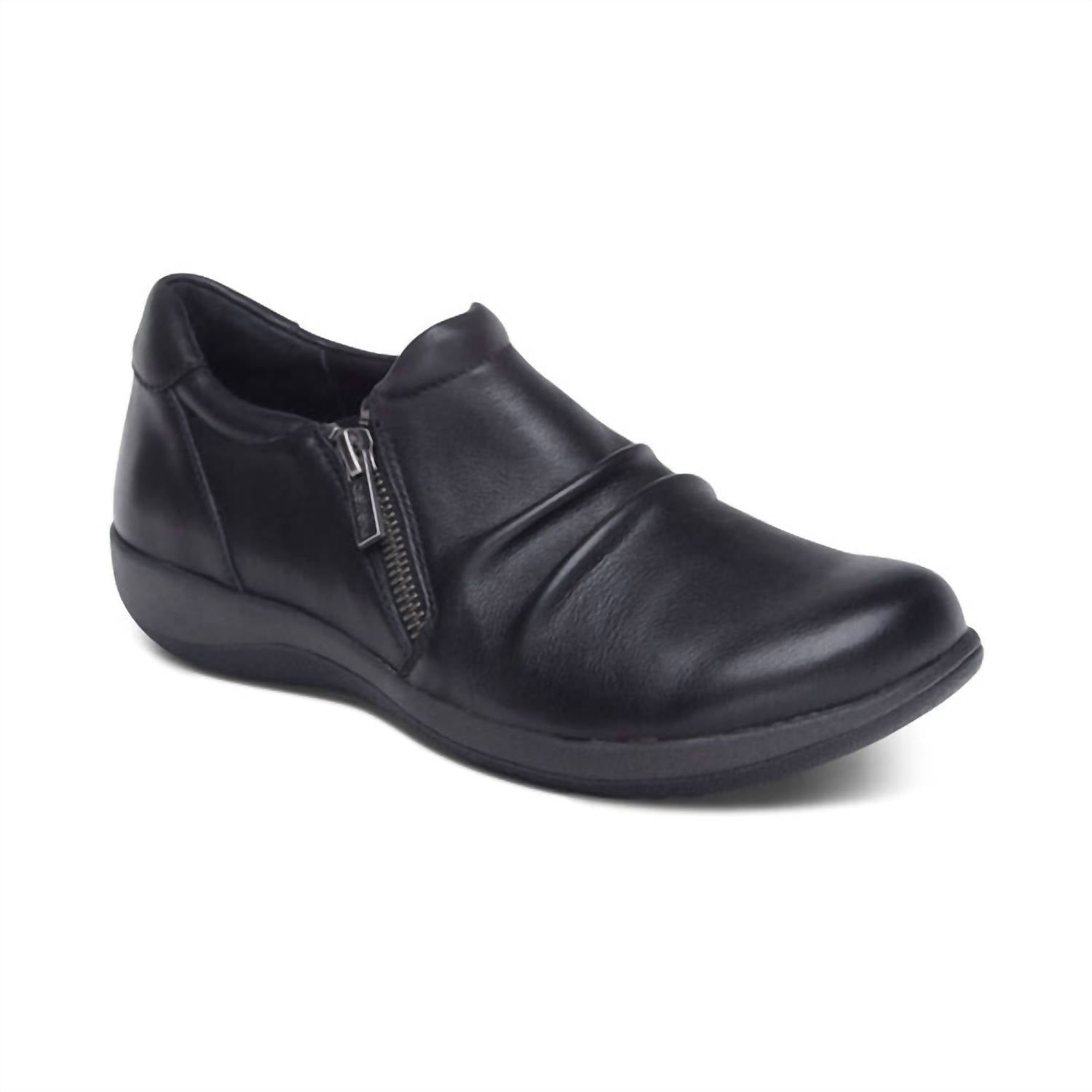 Aetrex - Women's Katie Side Zip Slip - on - black - flats - leather