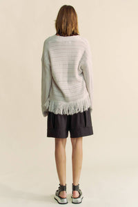 DAVI & DANI Fringed Stripe Knit Cardigan in silver grey - women's cardigan - detail view