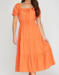 She + Sky - SHORT PUFF SLEEVE WOVEN PRINT MIDI DRESS