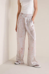 Panicale Cashmere Water Lily Print Flowy Wide Leg Trouser in beige - women's pants - detail view