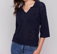 Charlie B - Three Quarter Sleeves Sweater In Pointelle Design