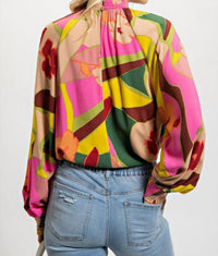 Pretty Bash - Floral Smocked Stand Neck Blouse