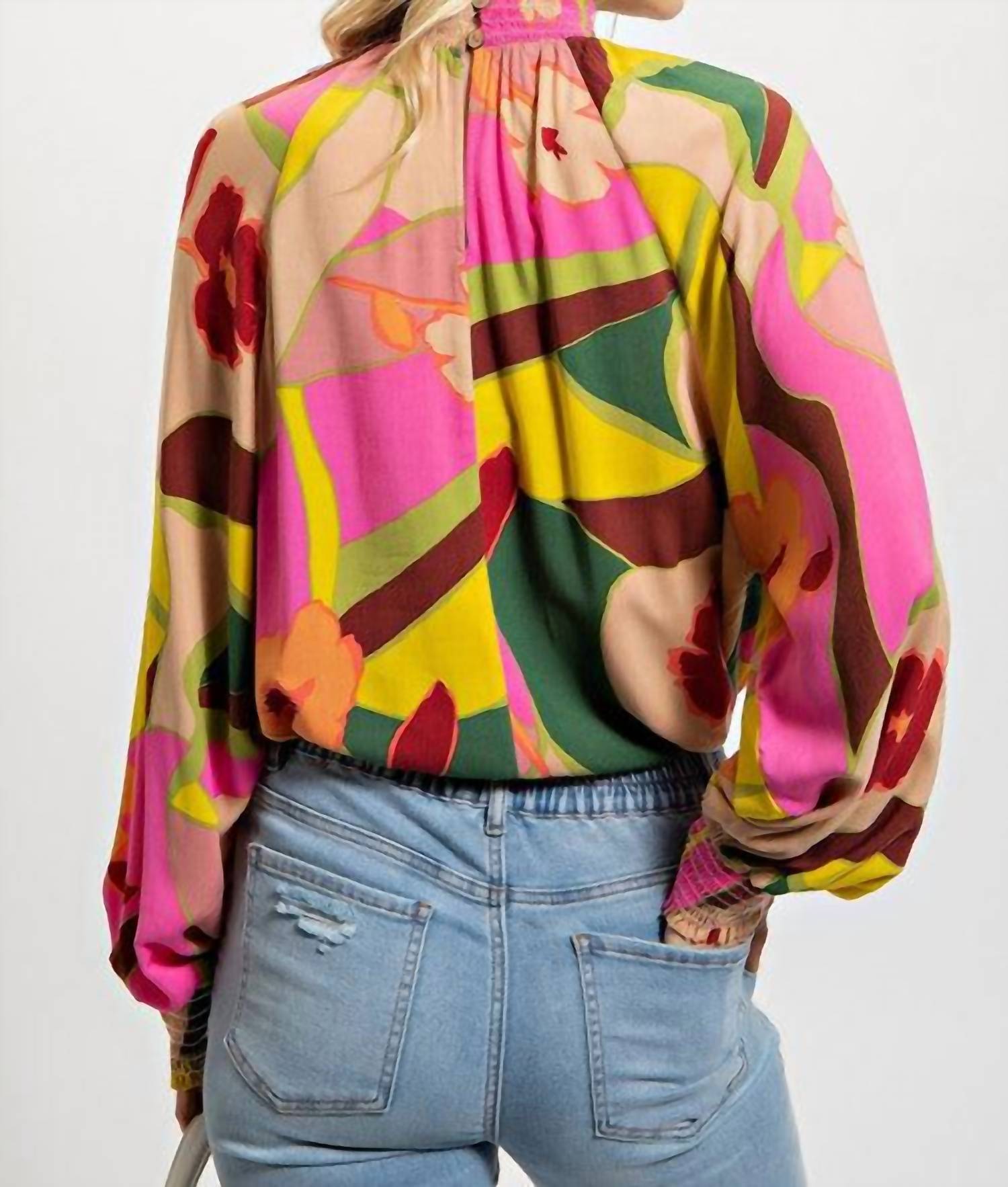 Pretty Bash - Floral Smocked Stand Neck Blouse