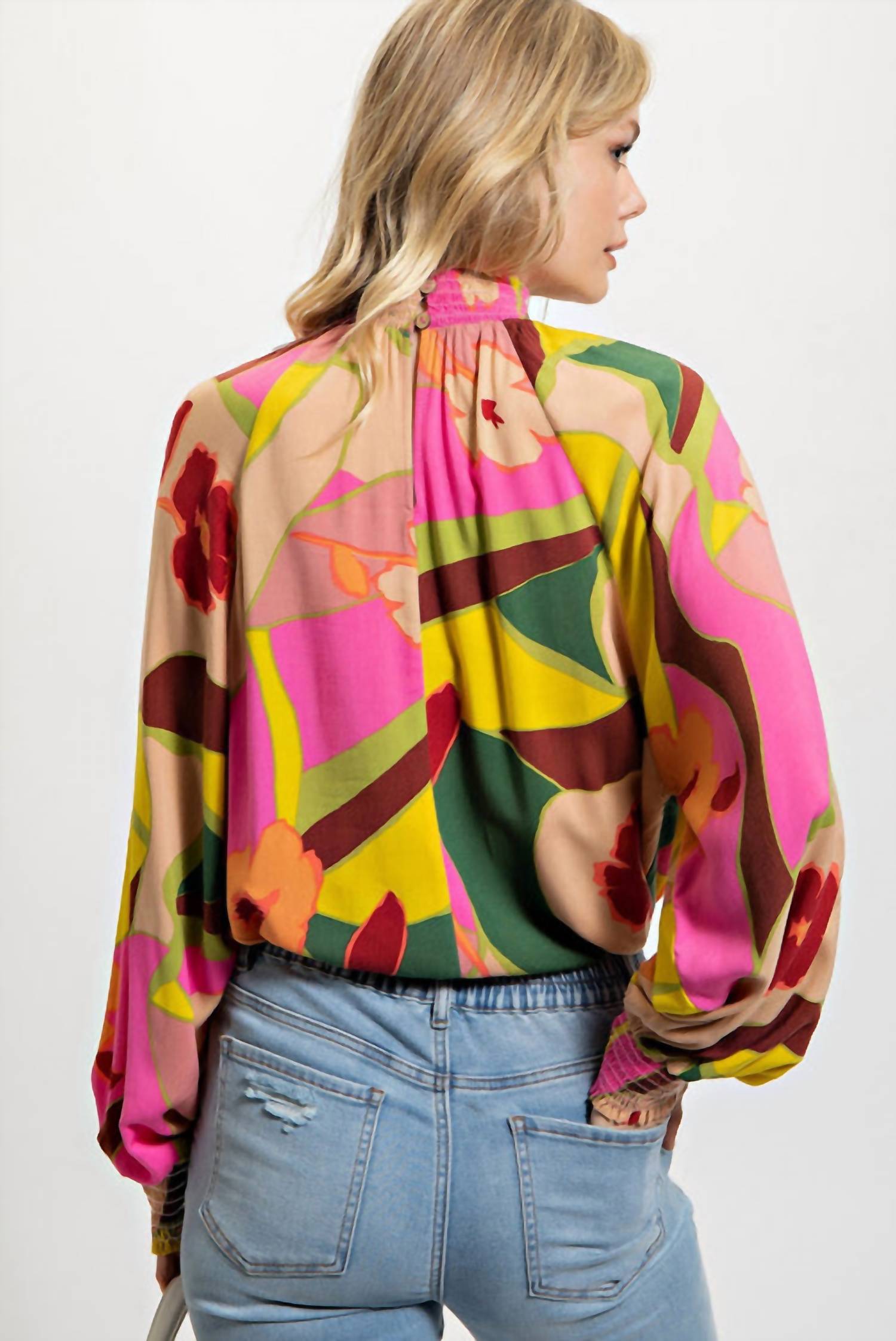 Pretty Bash - Floral Smocked Stand Neck Blouse