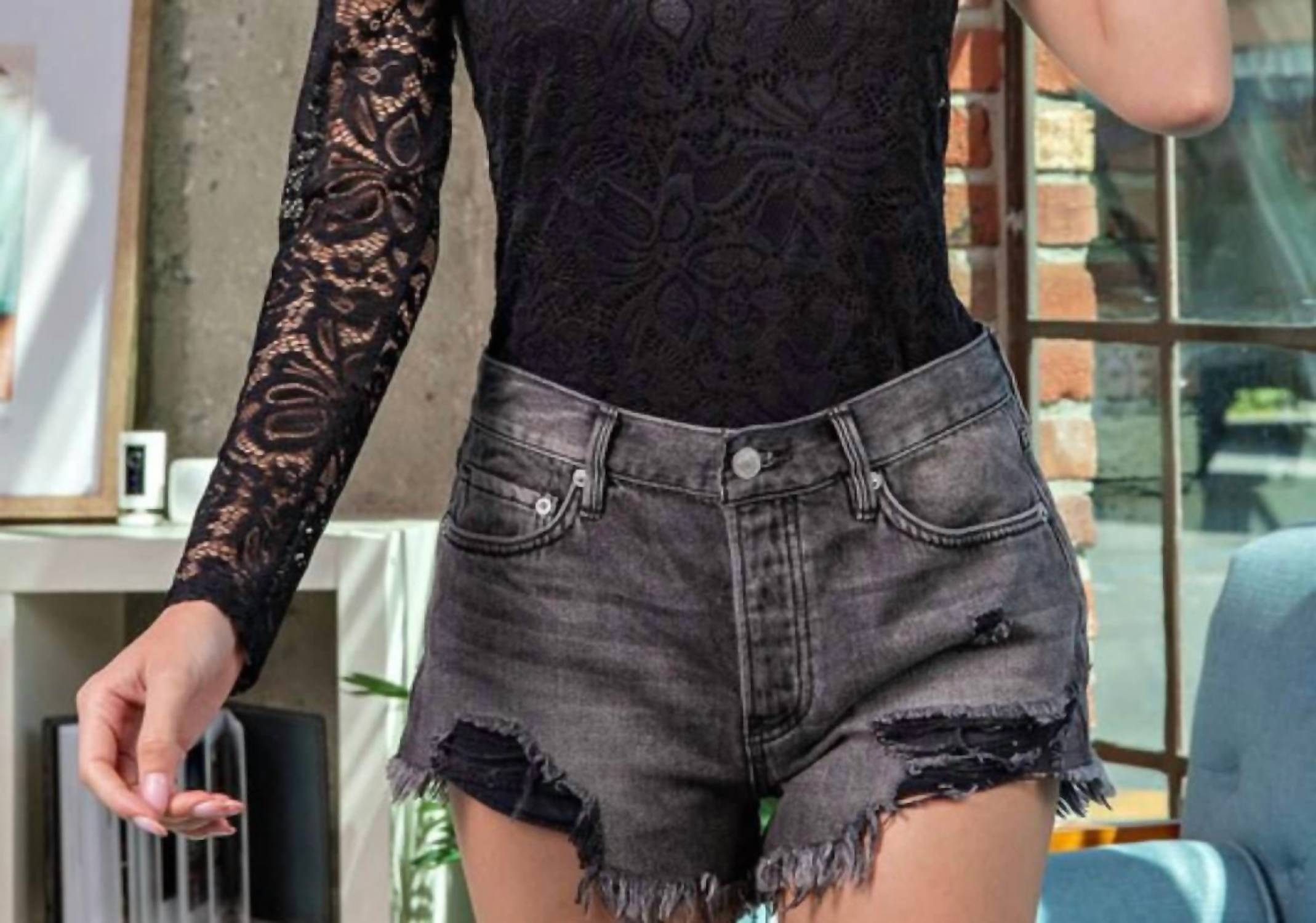 Ee:Some - Lacey One Shoulder Lace Sleeve Bodysuit