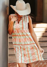 L&B - Aztec Slit Neckline Tier Sleeveless Mini Dress
