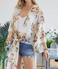 ADORA Chiffon Floral Print Three Fourth Sleeve Kimono in ivory and blue - women's cardigan - view 4