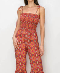 Wisteria Lane - Boho Print Smocked Flared Jumpsuit
