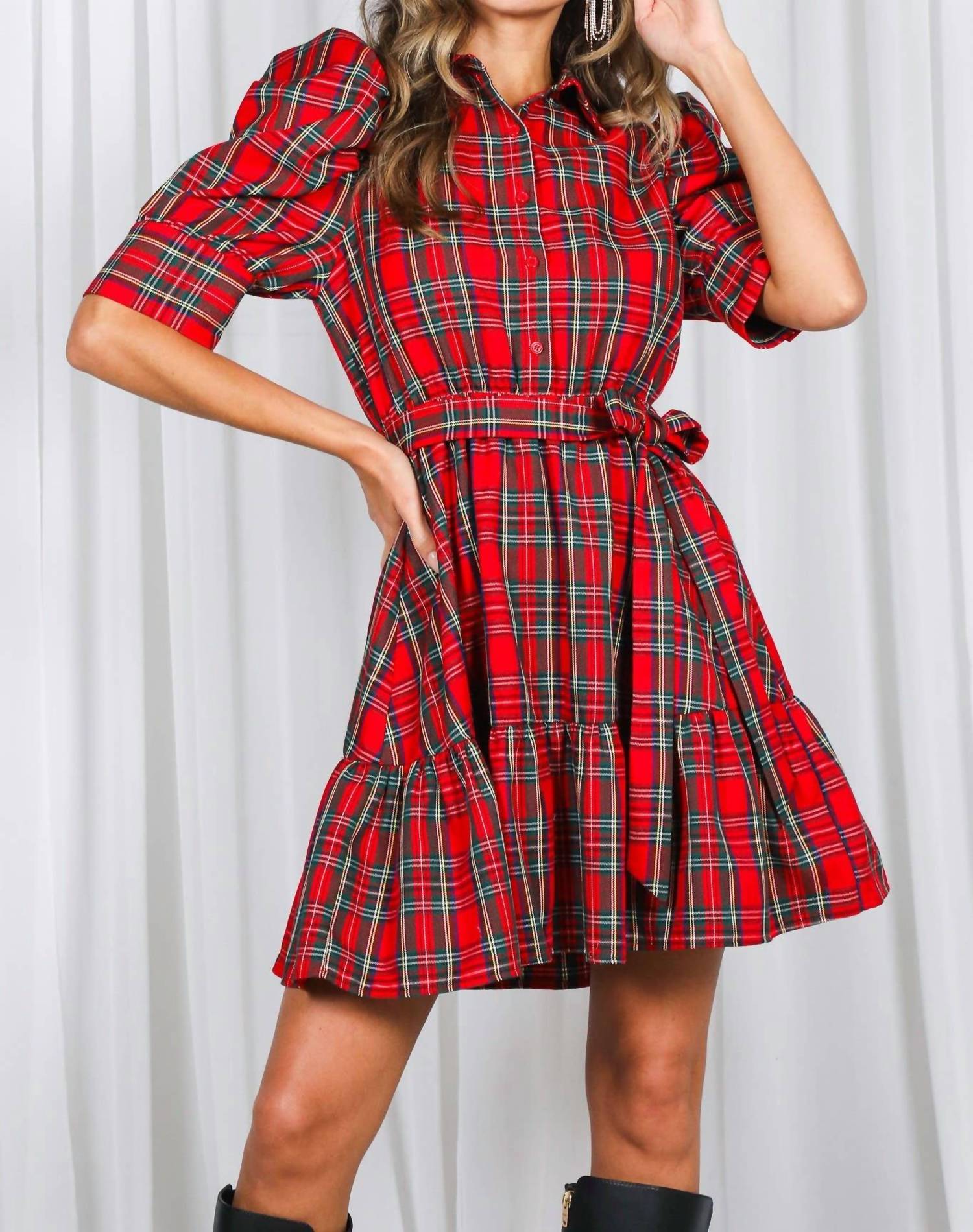 Vine & Love Plaid Short Puff Sleeve Mini Dress in red - women's dress