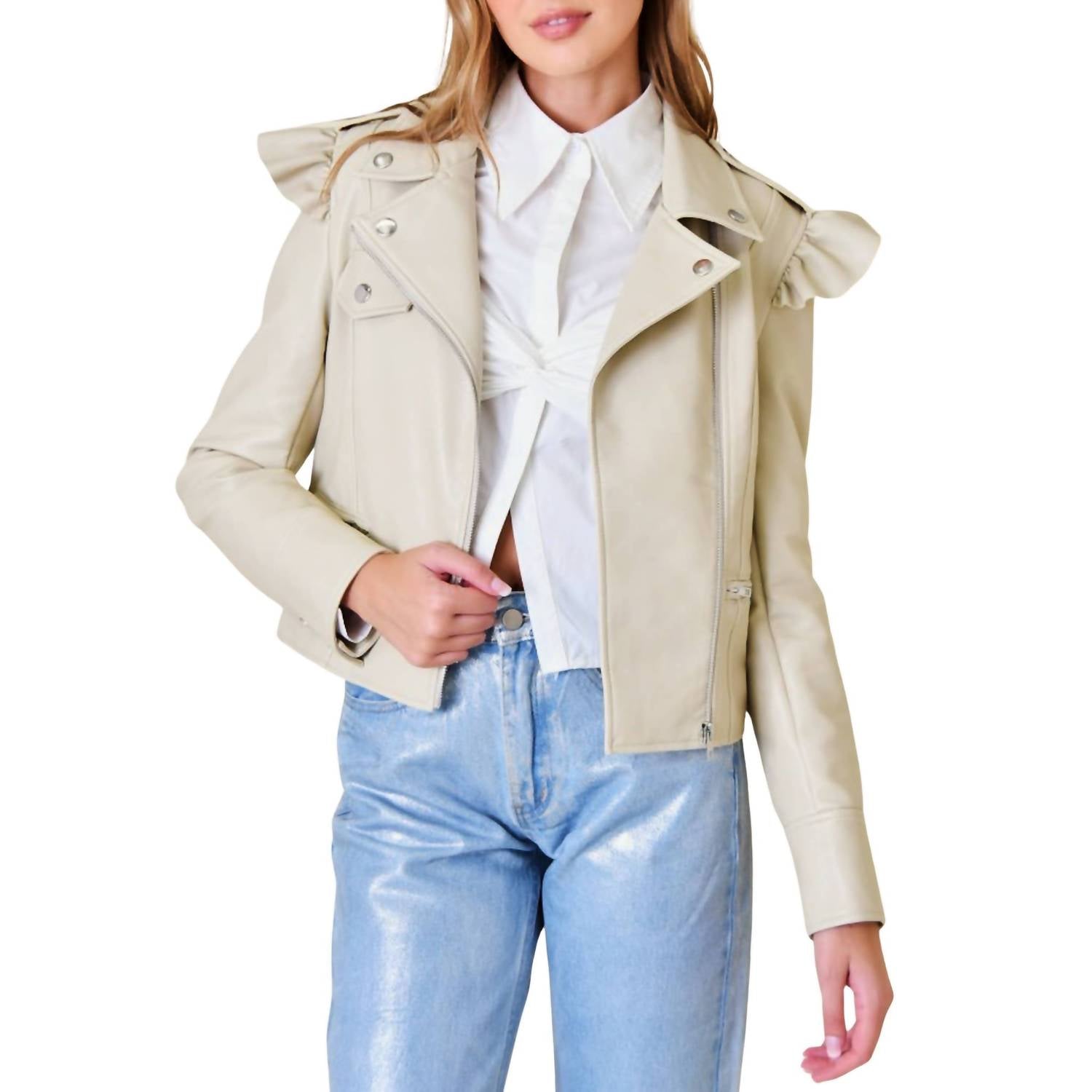 Fore Collection Pleather Ruffle Moto Jacket in beige - women's jacket - detail view