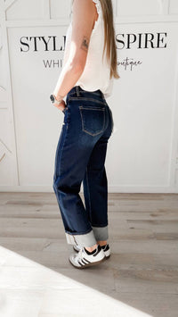 Risen - Mid Rise Cuffed Straight Jeans