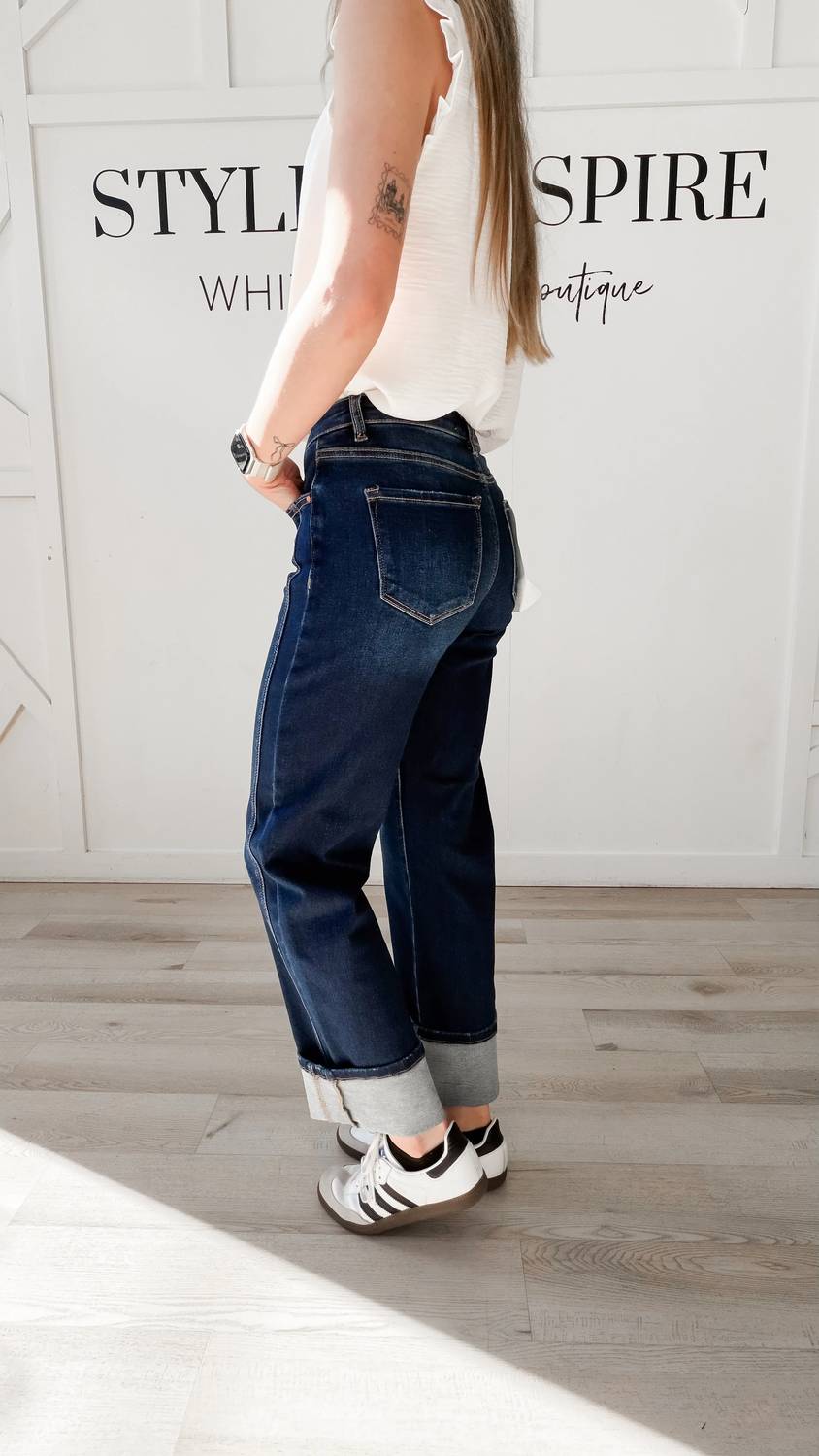 Risen - Mid Rise Cuffed Straight Jeans