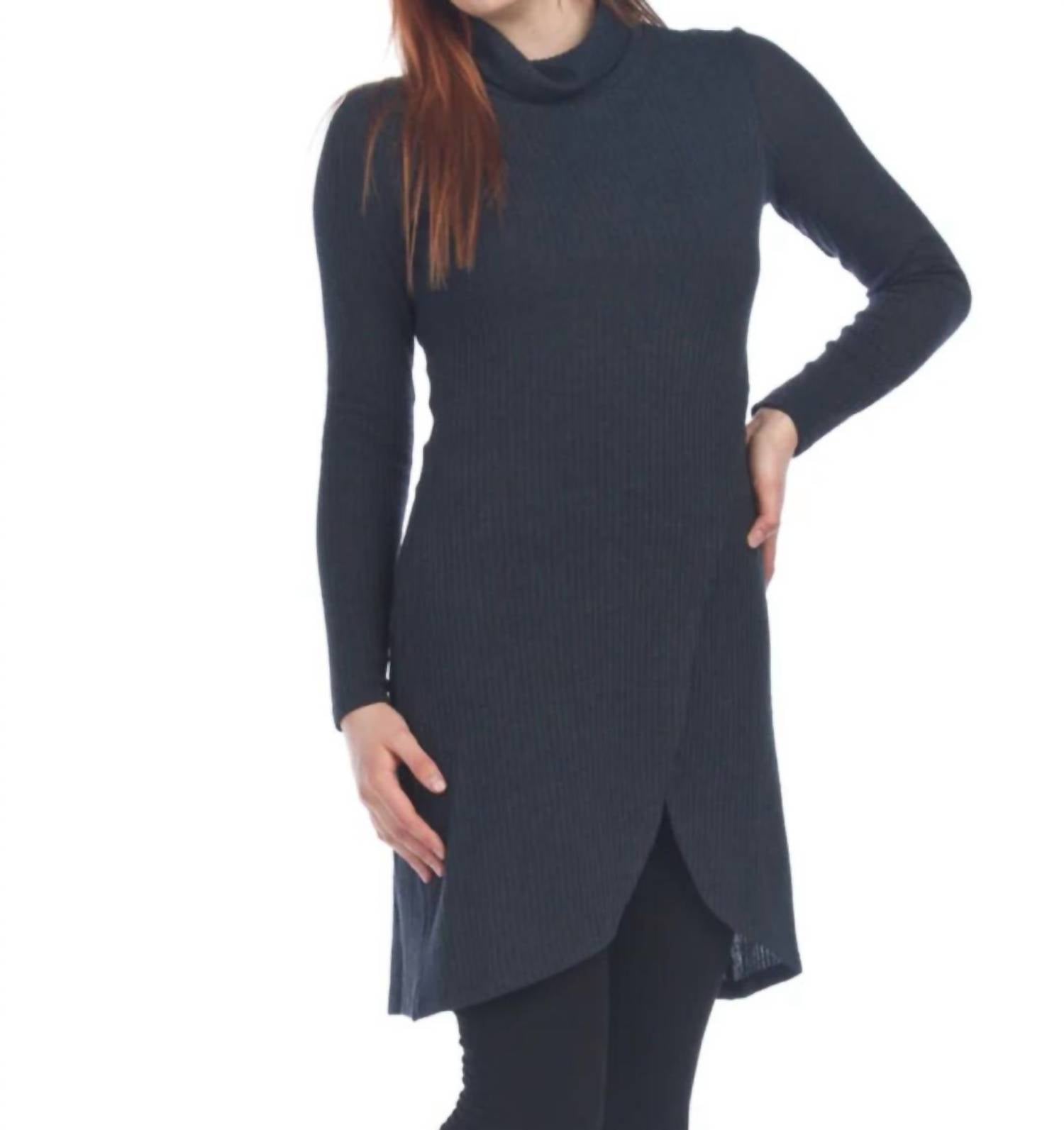 Papillon - Ribbed Turtle Neck Tulip Hem Sweater Dress